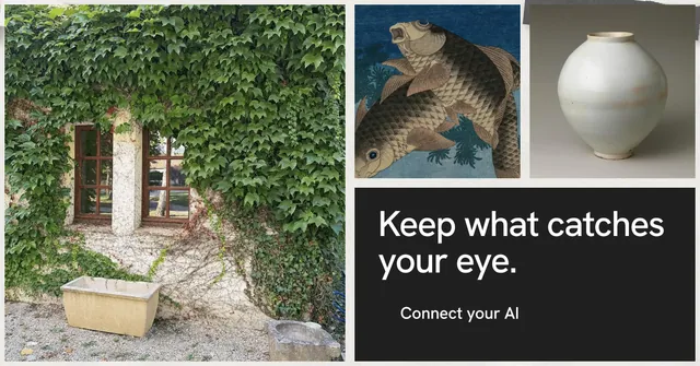 Social ad for Curatively: "Keep what catches your eye." Swiss style, collage layout, dark palette in grey, black.