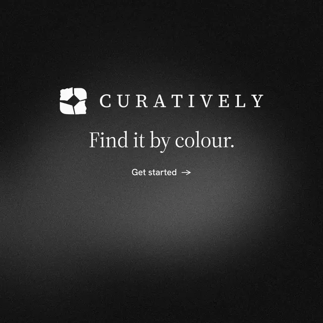 Instagram post for Curatively: "Find it by colour." Minimal luxury style, logo hero layout, dark palette in black, grey.