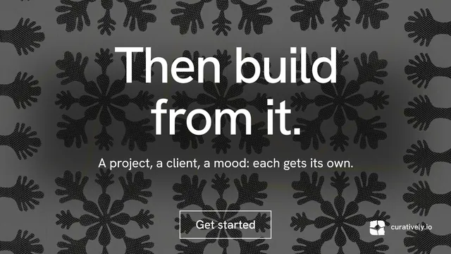 Landscape graphic for Curatively: "Then build from it." Editorial style, centred layout, dark palette in black, grey.