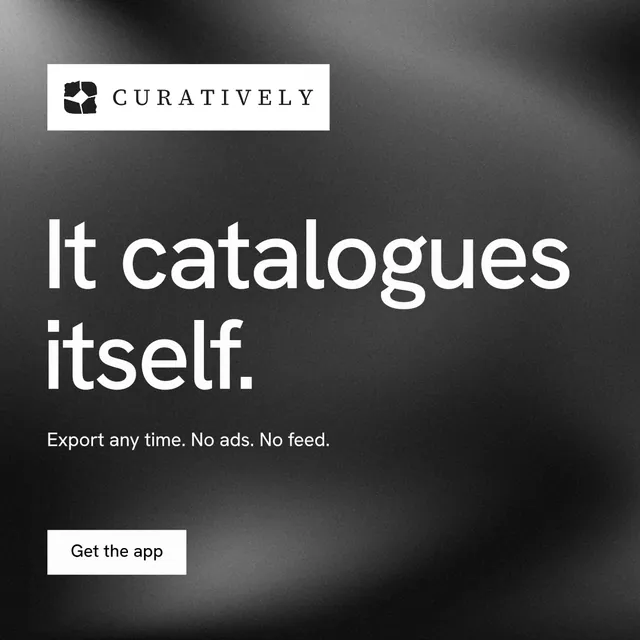 Instagram post for Curatively: "It catalogues itself." Swiss style, announce layout, dark palette in black, grey.