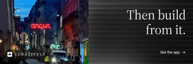 X header for Curatively: "Then build from it." Minimal luxury style, right layout, dark palette in black, grey.