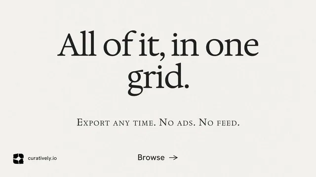 Landscape graphic for Curatively: "All of it, in one grid." Editorial style, smallcaps layout, light palette in white, grey.