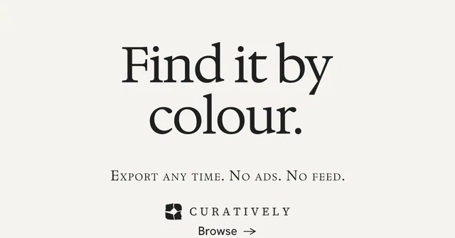 Social ad for Curatively: "Find it by colour." Minimal luxury style, smallcaps layout, light palette in white, grey.
