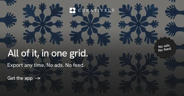 Social ad for Curatively: "All of it, in one grid." Minimal luxury style, sticker layout, dark palette in grey, black, blue.