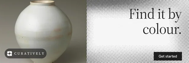 X header for Curatively: "Find it by colour." Split block style, right layout, light palette in grey, white.