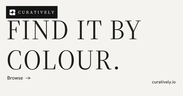 Social ad for Curatively: "Find it by colour." Minimal luxury style, poster layout, light palette in white, grey.