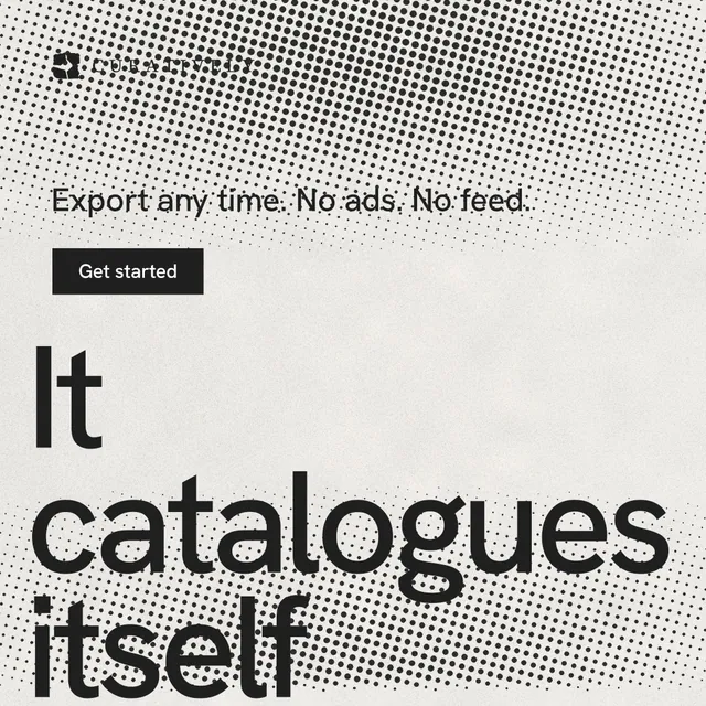 Instagram post for Curatively: "It catalogues itself." Swiss style, oversized layout, light palette in grey, white.