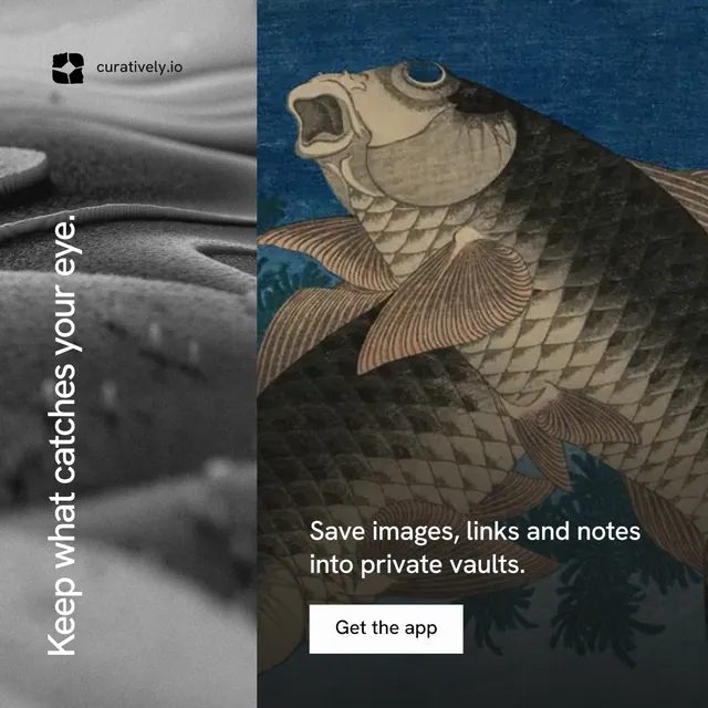 Instagram post for Curatively: "Keep what catches your eye." Swiss style, vertical layout, dark palette in blue, black, grey.