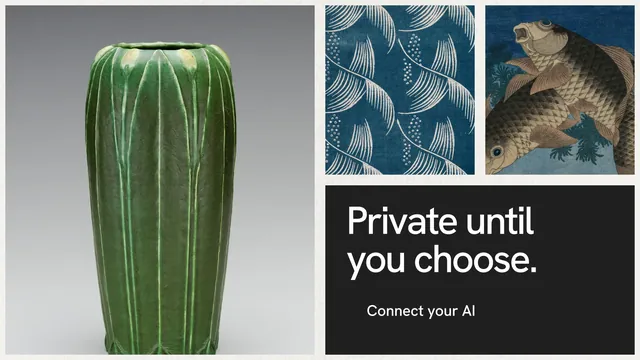 Landscape graphic for Curatively: "Private until you choose." Swiss style, collage layout, light palette in grey, black, white.