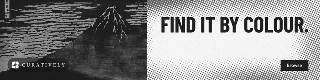 LinkedIn banner for Curatively: "Find it by colour." Retro print style, right layout, light palette in white, black, grey.