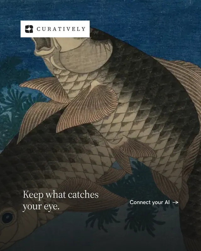 Instagram portrait post for Curatively: "Keep what catches your eye." Minimal luxury style, image led layout, dark palette in black, blue, grey.