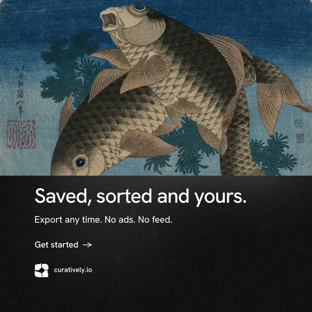 Instagram post for Curatively: "Saved, sorted and yours." Minimal luxury style, bottom layout, dark palette in grey, black, blue.