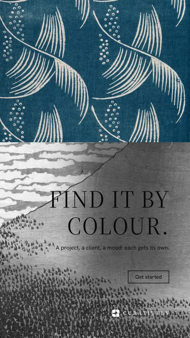 Instagram story for Curatively: "Find it by colour." Editorial style, right layout, dark palette in grey, blue.