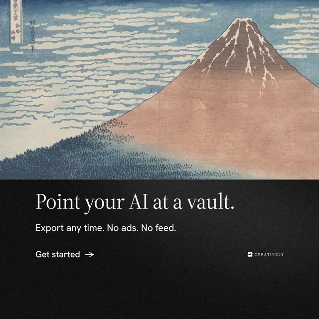 Instagram post for Curatively: "Point your AI at a vault." Minimal luxury style, bottom layout, dark palette in black, grey.