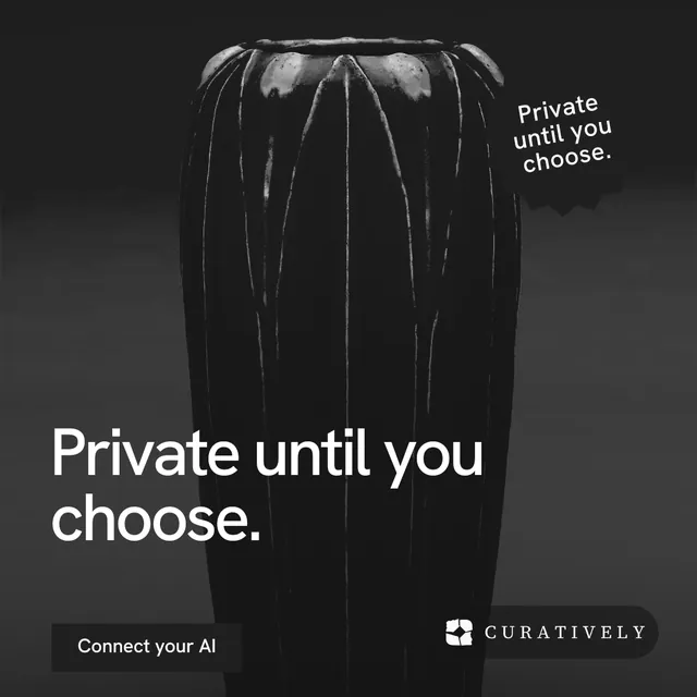 Instagram post for Curatively: "Private until you choose." Swiss style, sticker layout, dark palette in black, grey.