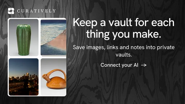 Landscape graphic for Curatively: "Keep a vault for each thing you make." Minimal luxury style, skeleton layout, dark palette in black, grey.