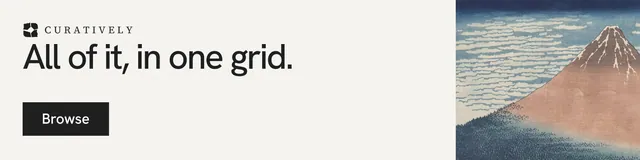 LinkedIn banner for Curatively: "All of it, in one grid." Swiss style, skeleton layout, light palette in white, grey.