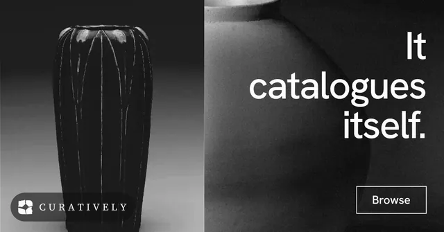 Social ad for Curatively: "It catalogues itself." Editorial style, right layout, dark palette in black, grey.