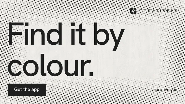 Landscape graphic for Curatively: "Find it by colour." Swiss style, poster layout, light palette in grey, white.