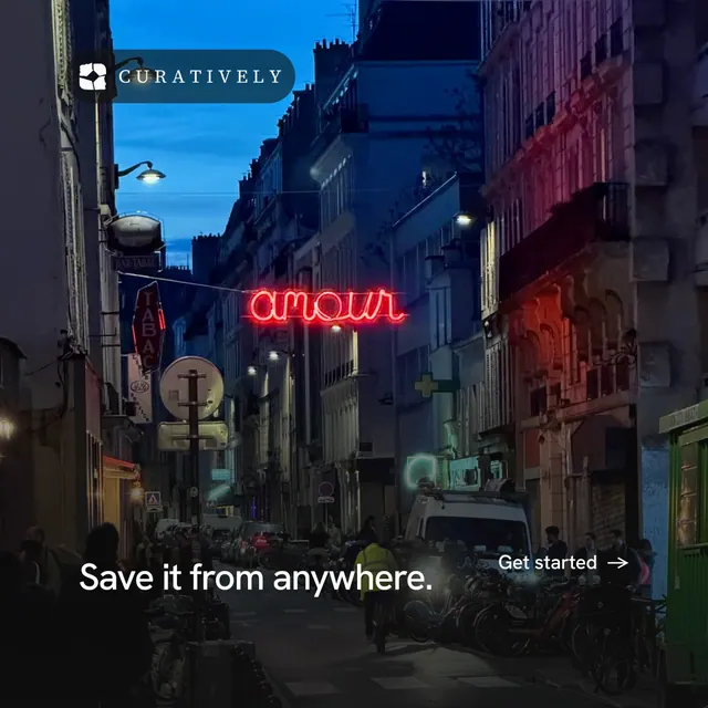 Instagram post for Curatively: "Save it from anywhere." Minimal luxury style, image led layout, dark palette in black, blue.