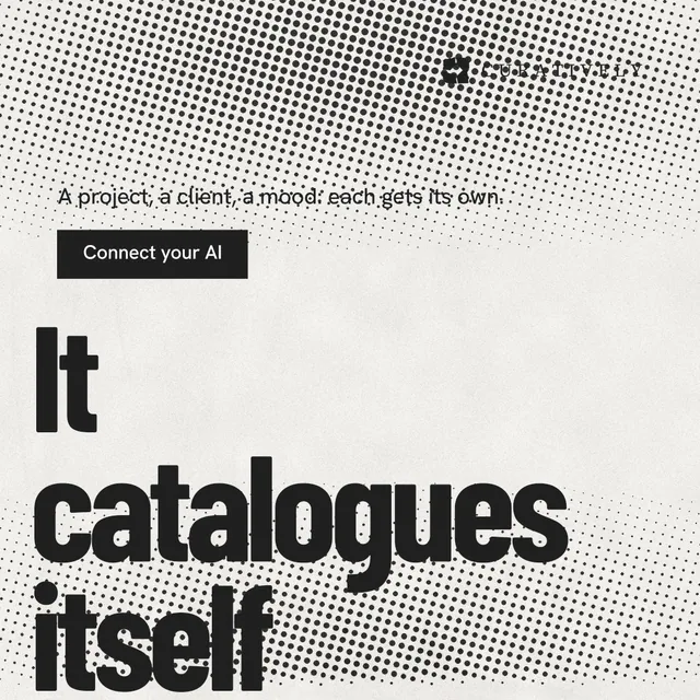 Instagram post for Curatively: "Point your AI at a vault." Retro print style, oversized layout, light palette in grey, white.