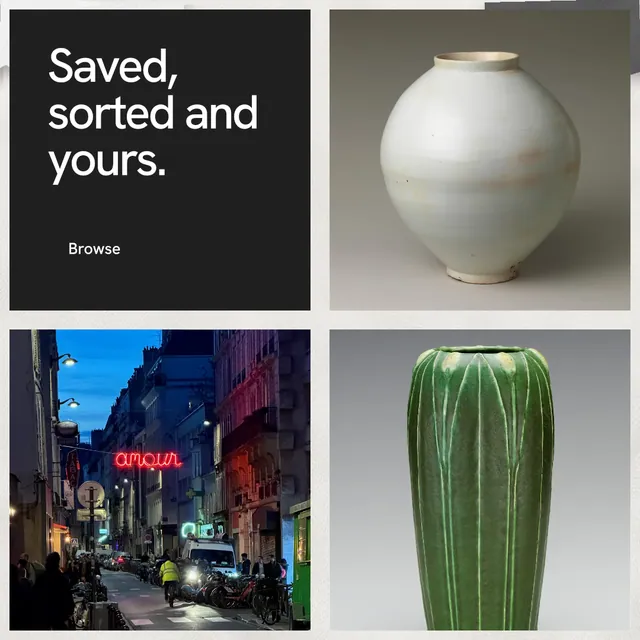 Instagram post for Curatively: "Saved, sorted and yours." Swiss style, collage layout, dark palette in black, grey, white.