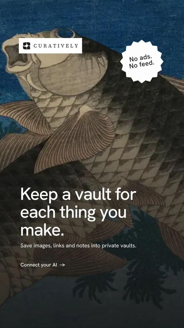 Instagram story for Curatively: "Keep a vault for each thing you make." Minimal luxury style, sticker layout, dark palette in black, grey.