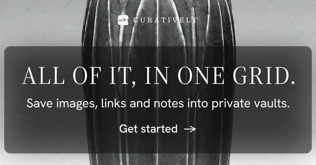 Social ad for Curatively: "All of it, in one grid." Minimal luxury style, skeleton layout, dark palette in black, grey.