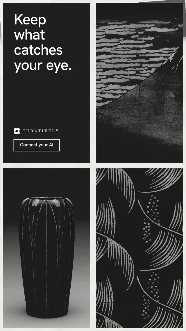 Instagram story for Curatively: "Keep what catches your eye." Editorial style, collage layout, dark palette in black, grey.