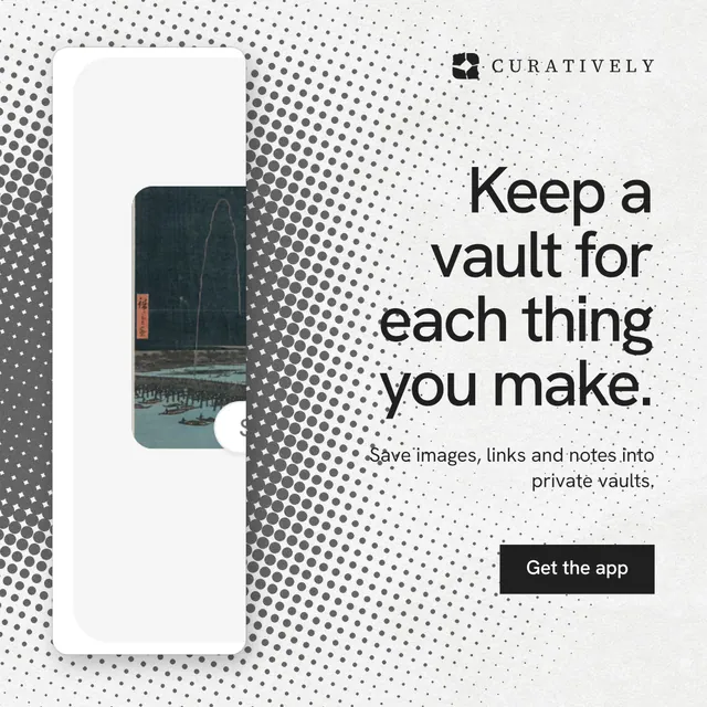 Instagram post for Curatively: "Keep a vault for each thing you make." Swiss style, right layout, light palette in white, grey.