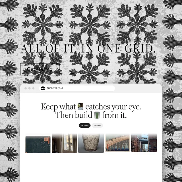 Instagram post for Curatively: "All of it, in one grid." Editorial style, browser layout, light palette in white, grey.