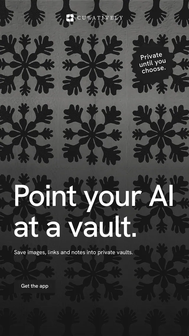 Instagram story for Curatively: "Point your AI at a vault." Swiss style, sticker layout, dark palette in grey, black.