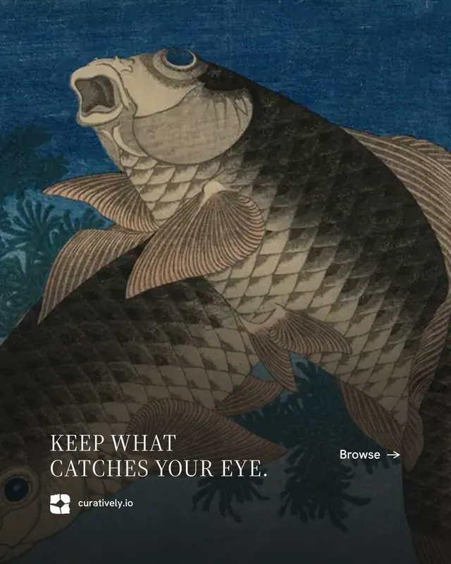 Instagram portrait post for Curatively: "Keep what catches your eye." Minimal luxury style, image led layout, dark palette in black, blue, grey.