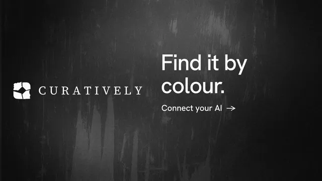 Landscape graphic for Curatively: "Find it by colour." Minimal luxury style, logo hero layout, dark palette in black, grey.