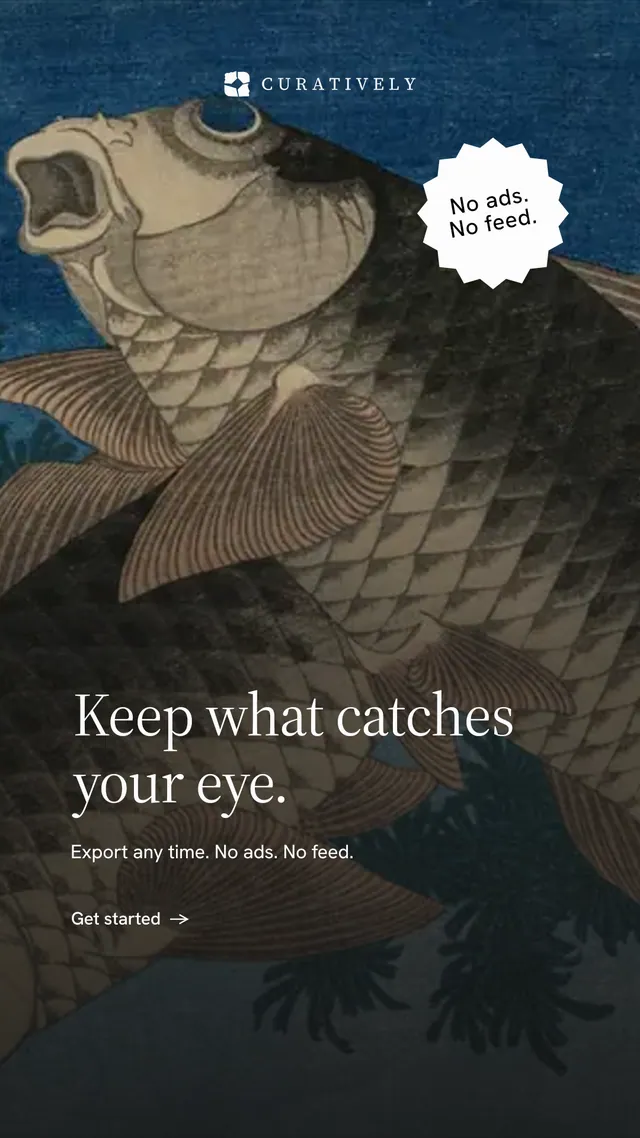 Instagram story for Curatively: "Keep what catches your eye." Minimal luxury style, sticker layout, dark palette in black, grey, blue.