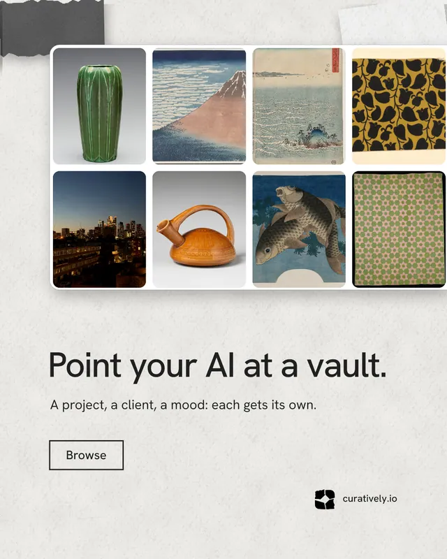 Instagram portrait post for Curatively: "Point your AI at a vault." Editorial style, bottom layout, light palette in white, grey.