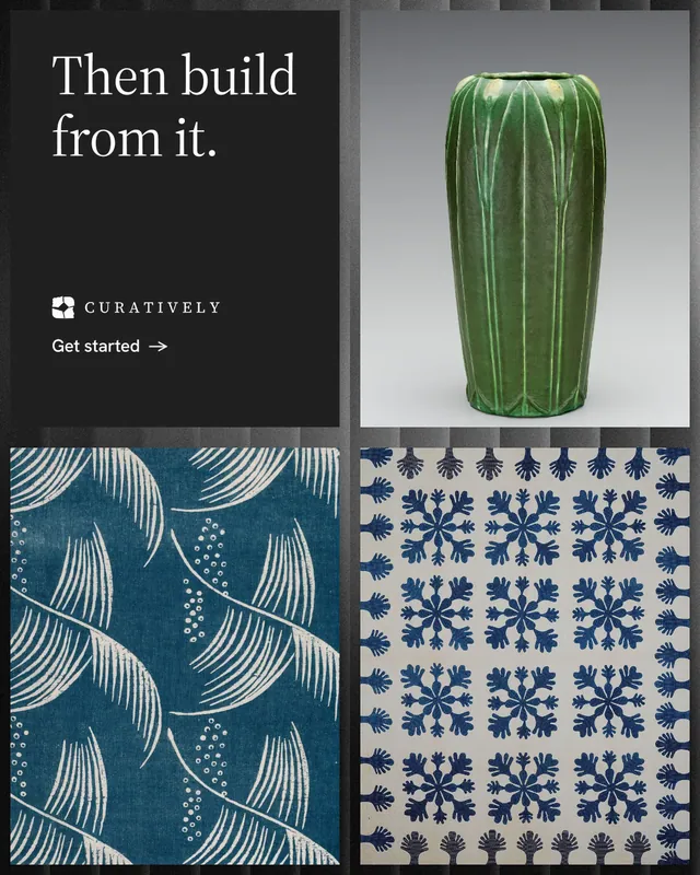 Instagram portrait post for Curatively: "Then build from it." Minimal luxury style, collage layout, dark palette in teal, black, grey.
