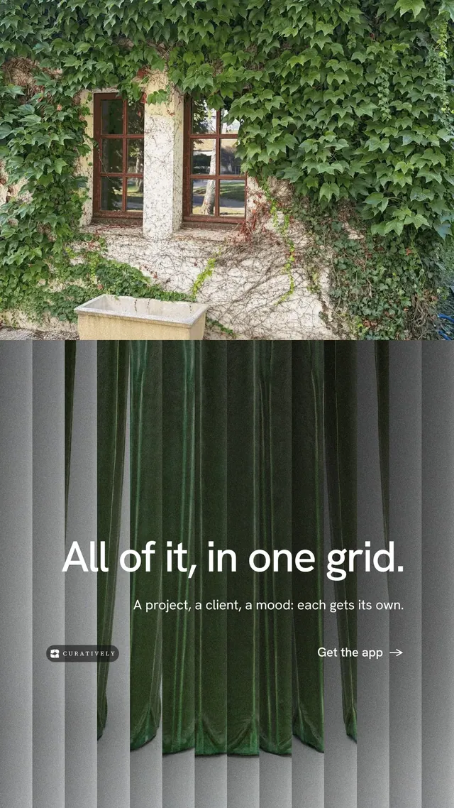 Instagram story for Curatively: "All of it, in one grid." Minimal luxury style, right layout, dark palette in grey, black.