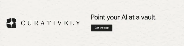 LinkedIn banner for Curatively: "Point your AI at a vault." Swiss style, logo hero layout, light palette in white, grey.