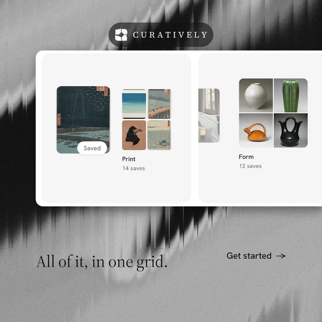 Instagram post for Curatively: "All of it, in one grid." Minimal luxury style, image led layout, light palette in grey, white.