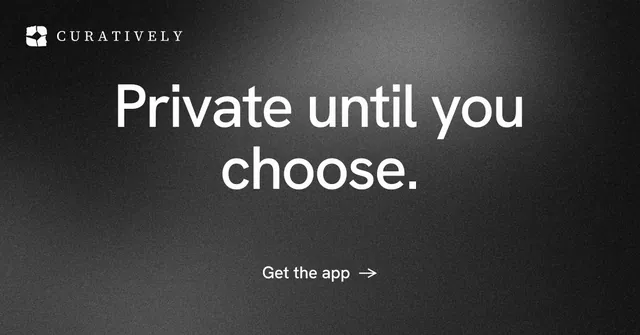 Social ad for Curatively: "Private until you choose." Minimal luxury style, centred layout, dark palette in black, grey.