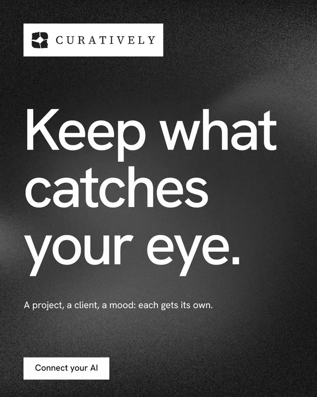 Instagram portrait post for Curatively: "Keep what catches your eye." Swiss style, announce layout, dark palette in grey, black.