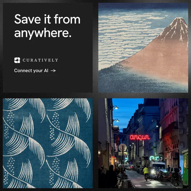 Instagram post for Curatively: "Save it from anywhere." Minimal luxury style, collage layout, dark palette in black, blue, grey.