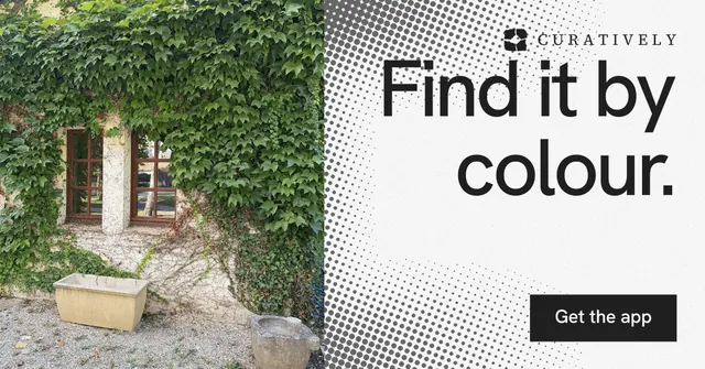 Social ad for Curatively: "Find it by colour." Swiss style, right layout, light palette in green, white, grey.