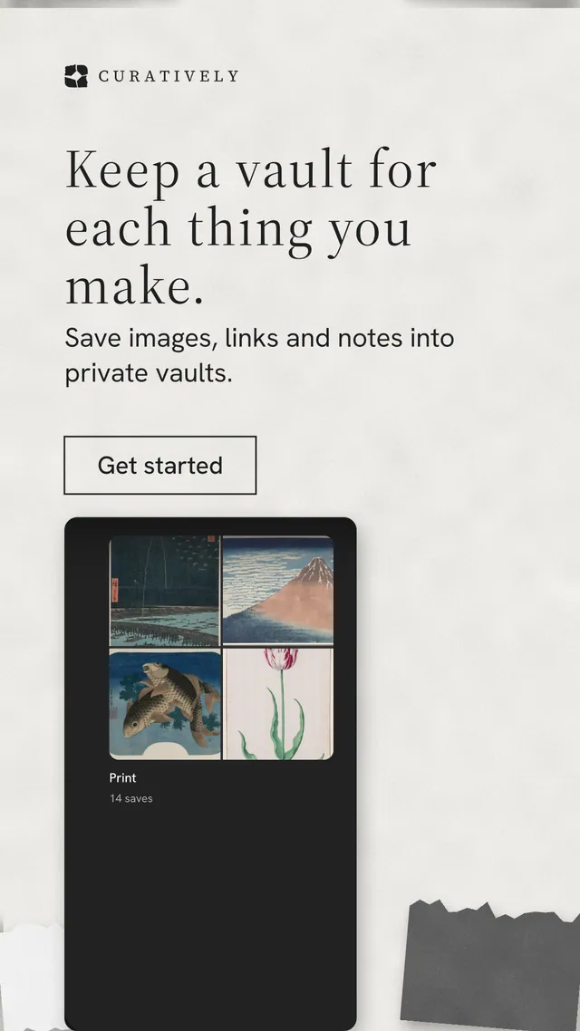 Instagram story for Curatively: "Keep a vault for each thing you make." Editorial style, skeleton layout, light palette in white, black, grey.