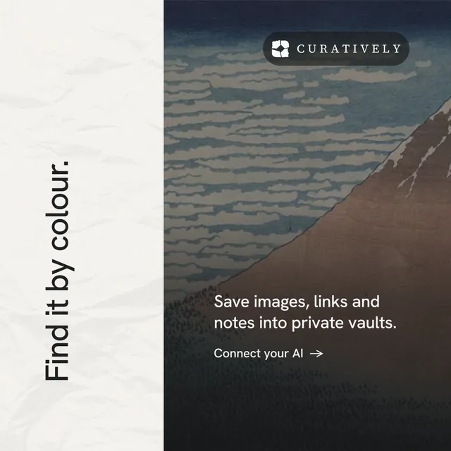 Instagram post for Curatively: "Find it by colour." Minimal luxury style, vertical layout, light palette in grey, black, white.