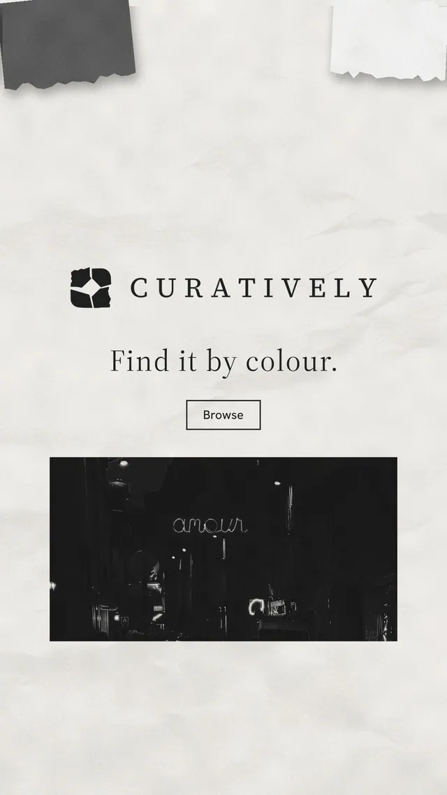 Instagram story for Curatively: "Find it by colour." Editorial style, logo hero layout, light palette in white, black.