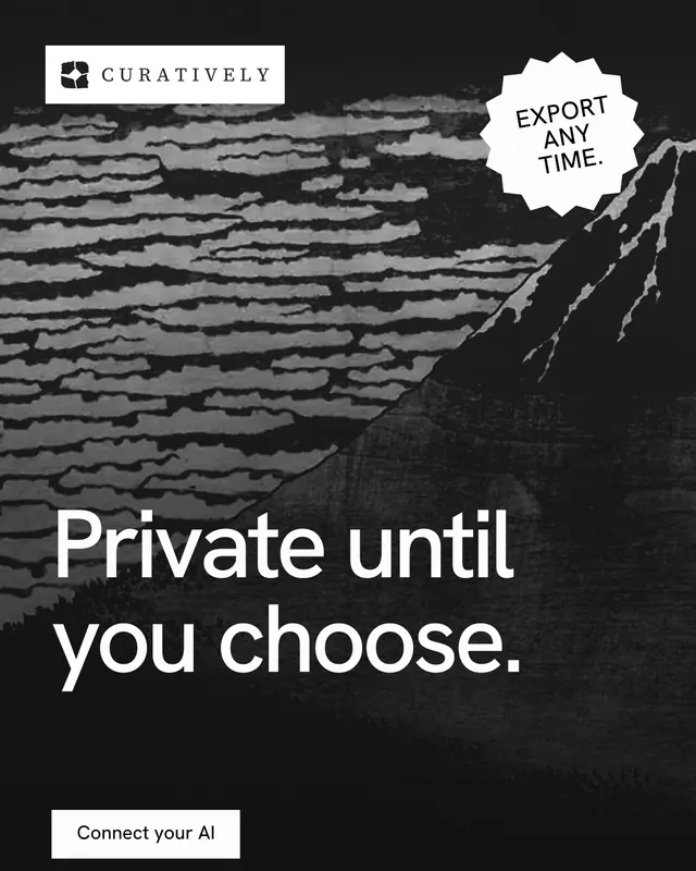 Instagram portrait post for Curatively: "Private until you choose." Swiss style, sticker layout, dark palette in grey, black.