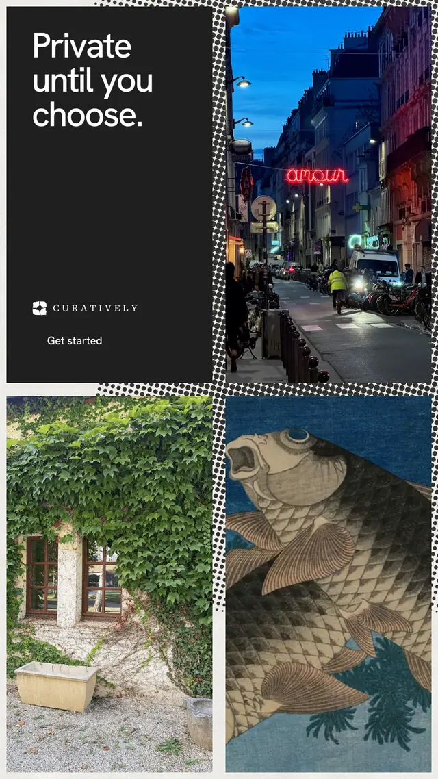 Instagram story for Curatively: "Private until you choose." Swiss style, collage layout, dark palette in grey, black, blue.