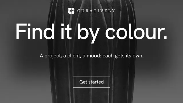 Landscape graphic for Curatively: "Find it by colour." Editorial style, centred layout, dark palette in grey, black.